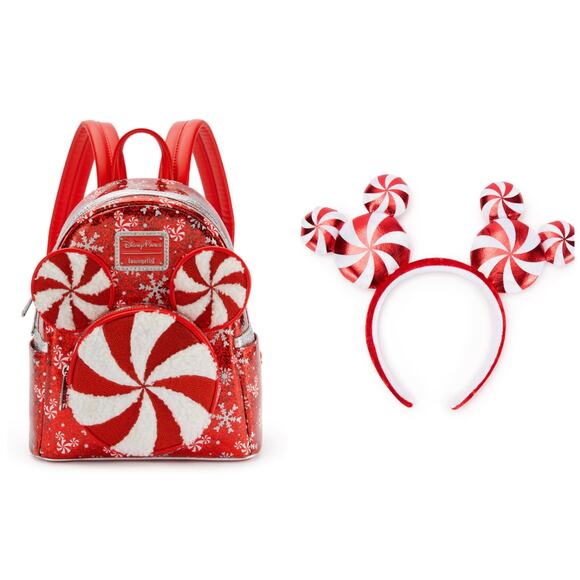 Disney Parks Mickey Mouse Icon Peppermint Swirl Loungefly Backpack & Ears - Picture 1 of 6